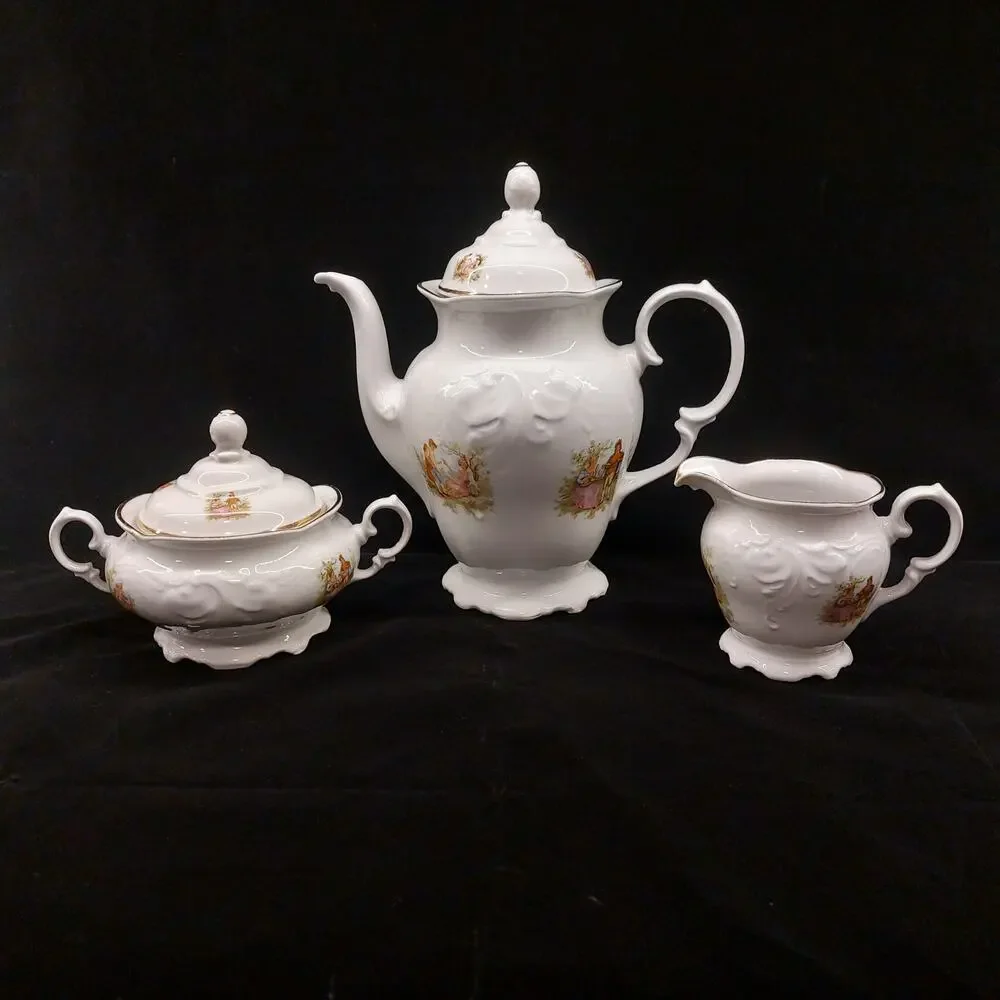 Vtg Walbrzych Poland Porcelain Tea Set Teapot Creamer Sugar Bowl Gold Rose 1983